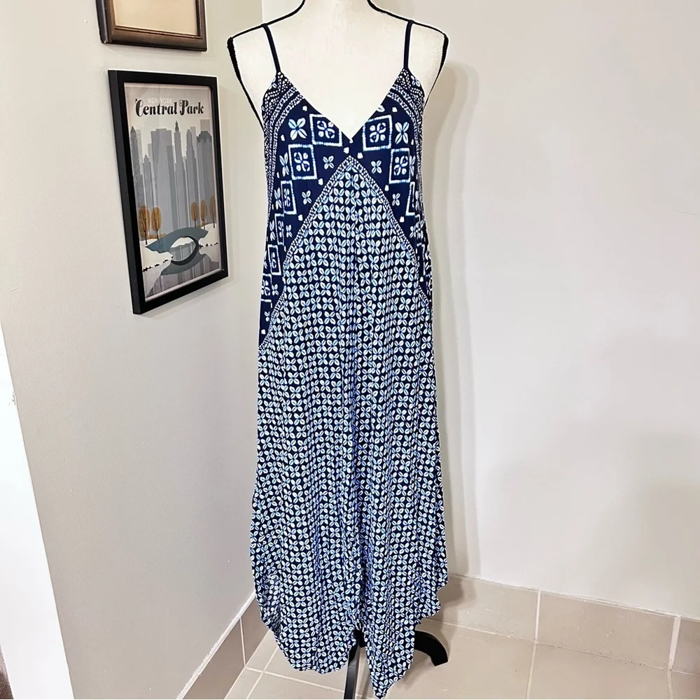 Tommy Bahama Blue & White Print Spaghetti Strap Sundress | Rayon Maxi SZ S/M - Picture 2 of 5